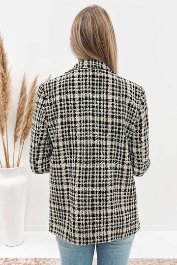 White Lapel Collar Buttoned Gingham Tweed Blazer